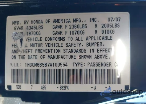2007 Honda Accord 3.0 Ex z USA, uszkodzony, nr VIN 1HGCM66587A100554